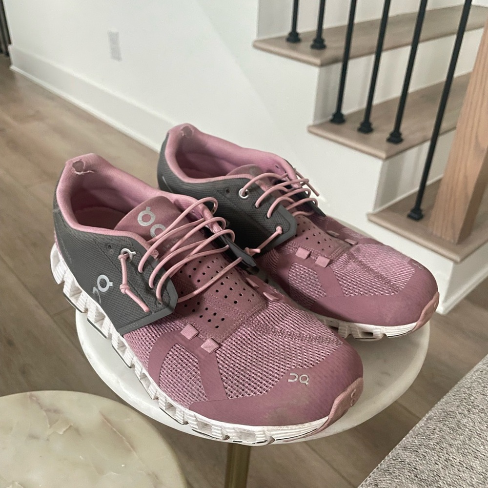 On Running Pink and Gray Athletic Shoes with Cushioned Midsole